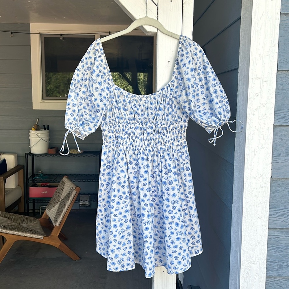Blue Flower Puff Sleeve Flare Skirt Dress